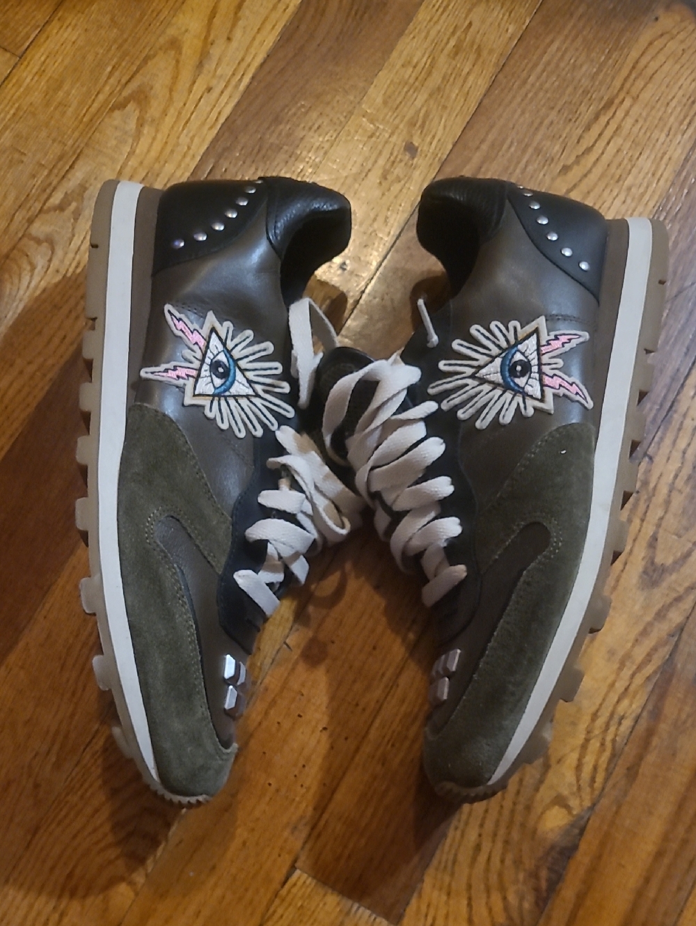 COACH Men's Olive Green and Black Leather-Trim Sneakers with White Laces - Picture 3 of 8